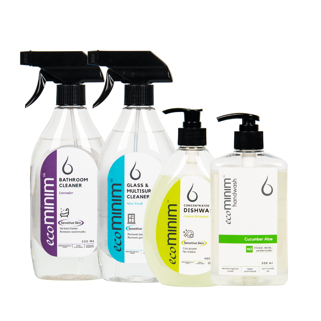 [Bundle Pack] Plant Based Bathroom Cleaner Lavender (500ml) + Glass & Multi Surface Cleaner Skye Fresh (500ml) + Handwash Cucumber Aloe (500ml) + Dishwash Lemon Bergamot(480ml)
