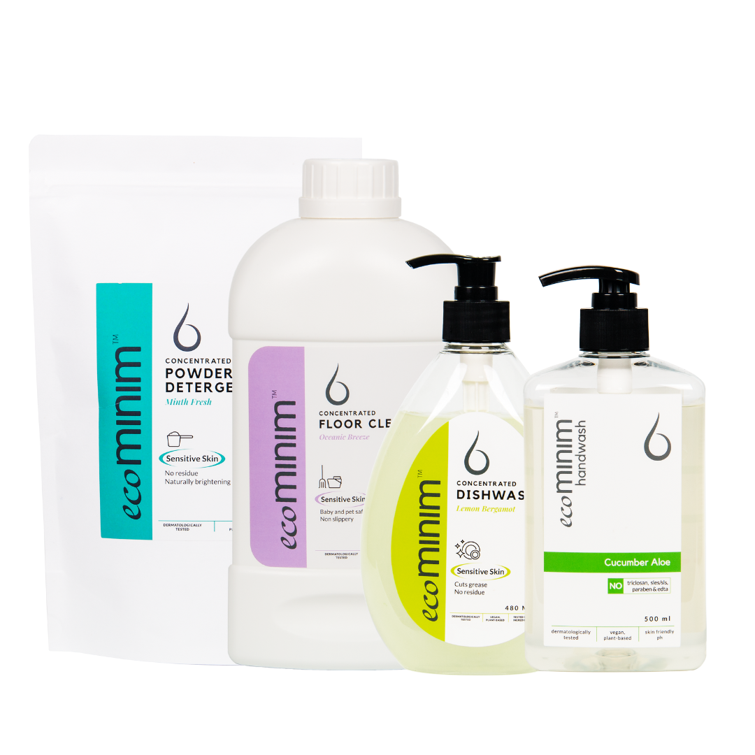 [Bundle Pack] Plant Based Powder Detergent Minth Fresh (1L) + Floor Cleaner Oceanic Breeze (1L) + Handwash Cucumber Aloe (500ml) + Dishwash Lemon Bergamot (480ml)