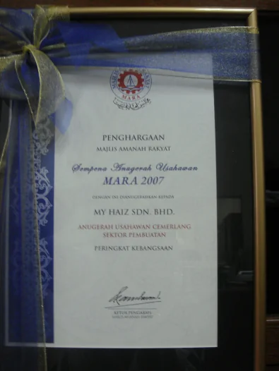 ANUGERAH — ANUGERAH USAHAWAN CEMERLANG — SEKTOR PEMBUATAN PERINGKAT — KEBANGSAAN-MARA HQ-2007 — ANUGERAH USAHAWAN BERJAYA 2006 — SEKTOR PERKHIDMATAN-MARA SELANGOR